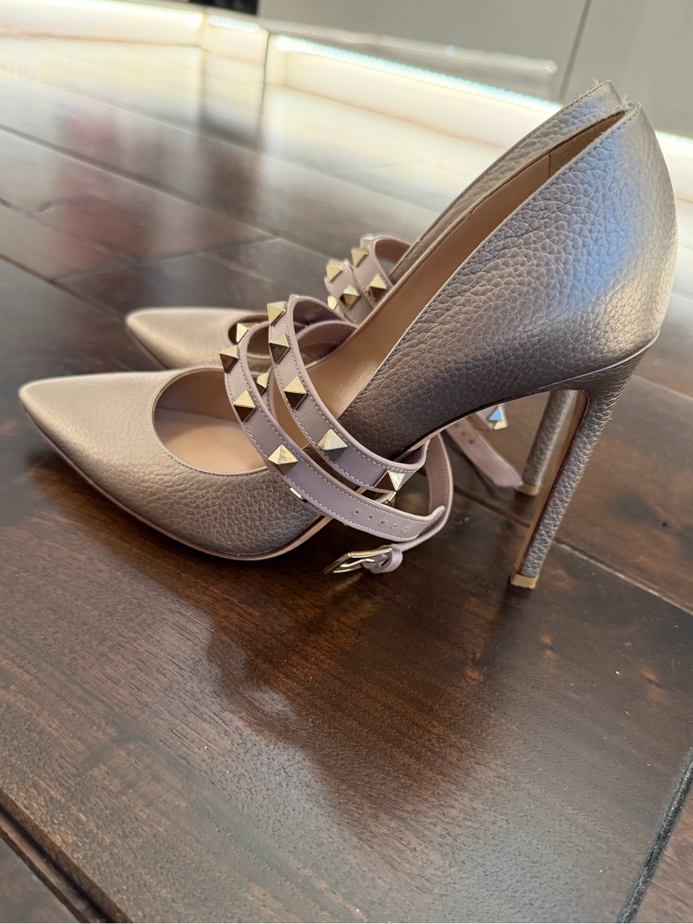 Valentino Metallic Taupe Studded Strappy Pointed-Toe Heels
